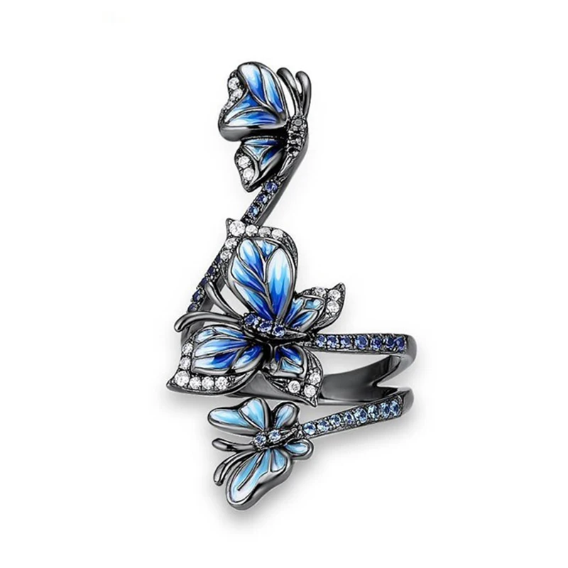 

Exquisite Fashion Three Blue Butterfly Flowers Ring for Women Party Wedding Anniversary Jewelry