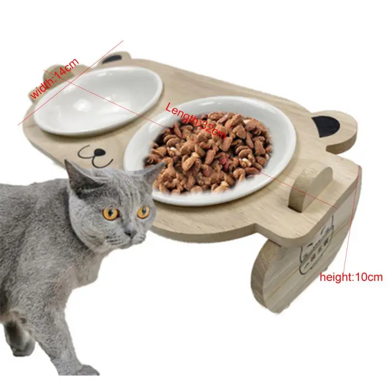 

Cat Water Bowl For Cats Food Pet Bowls Wooden Cat Feeding Double Bowl Inclined Mouth Neck Guard Bowl Holder Pet Accessories