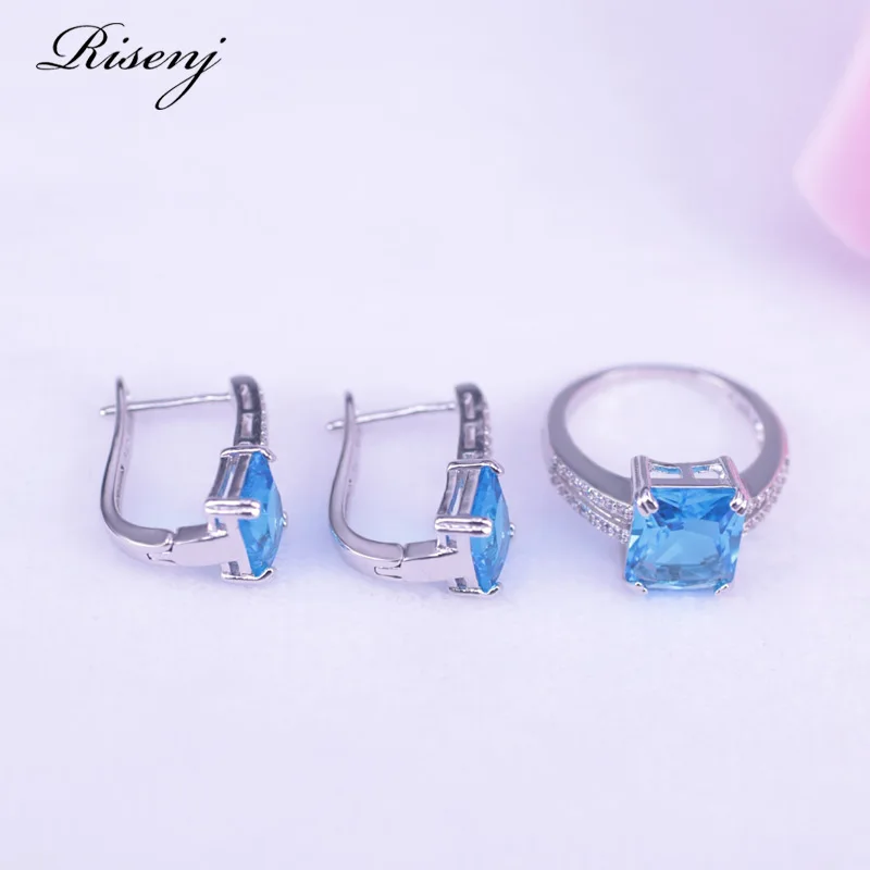 Акция в дубайском стиле Серебряный цвет квадрат Небесно-Голубой CZ &amp кольцо с