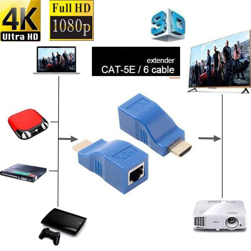 2 шт. 30 метров 1080p 4K расширитель для адаптера RJ45 Ethernet сетевой от Cat 5/6 HDTV Displayer hdmi