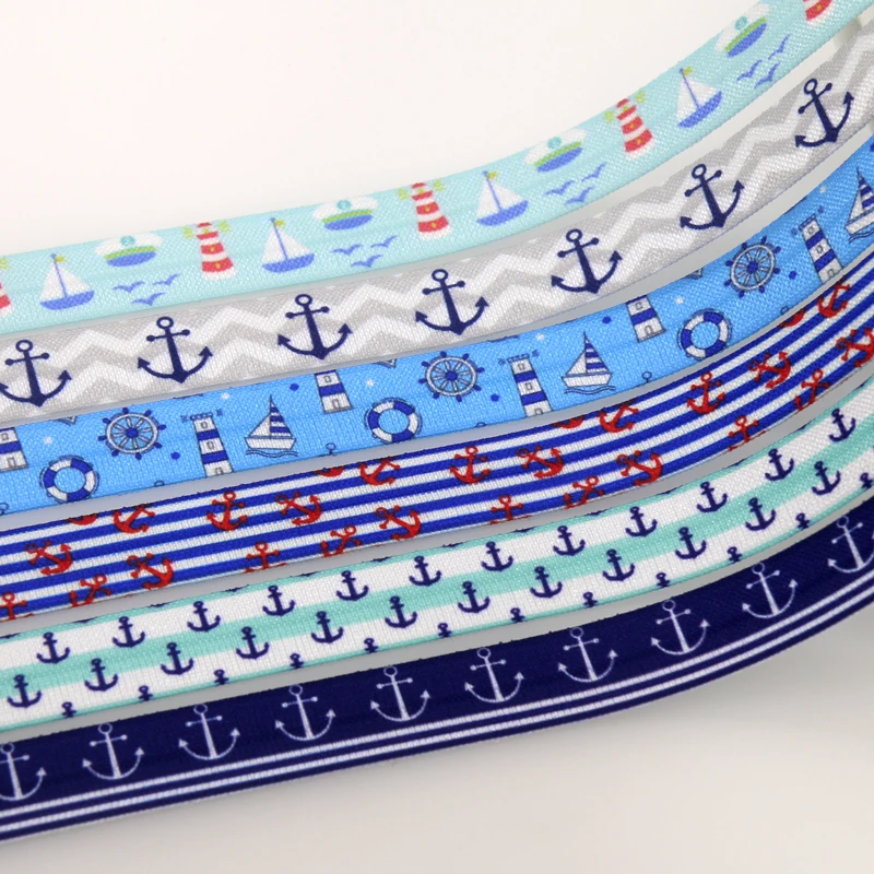 

DHK 5/8'' 50yards Navy Anchor Sea Boat Printed Fold Elastic FOE Stretch Ribbon Hairbow Headwear Headband DIY OEM 15mm S1637