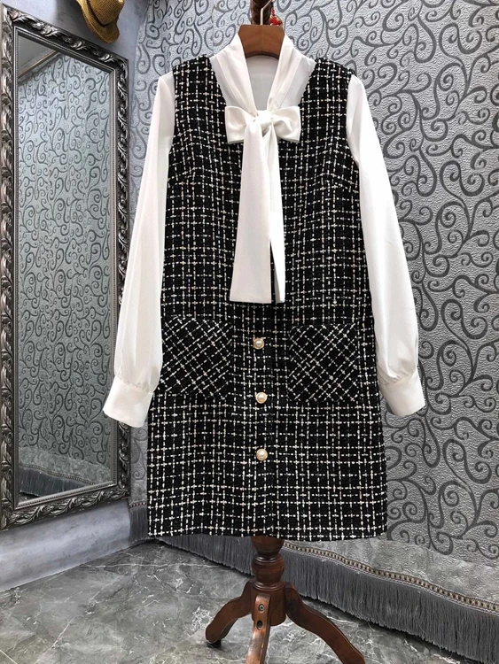 

2021 new women Fashion Neckline Ribbon Knotted Long Sleeve Top + Woolen Sleeveless Long Vest 905