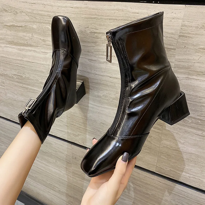 

New short boots women's boots square head thin boots front zipper thin velvet low boots fashion fashion boots