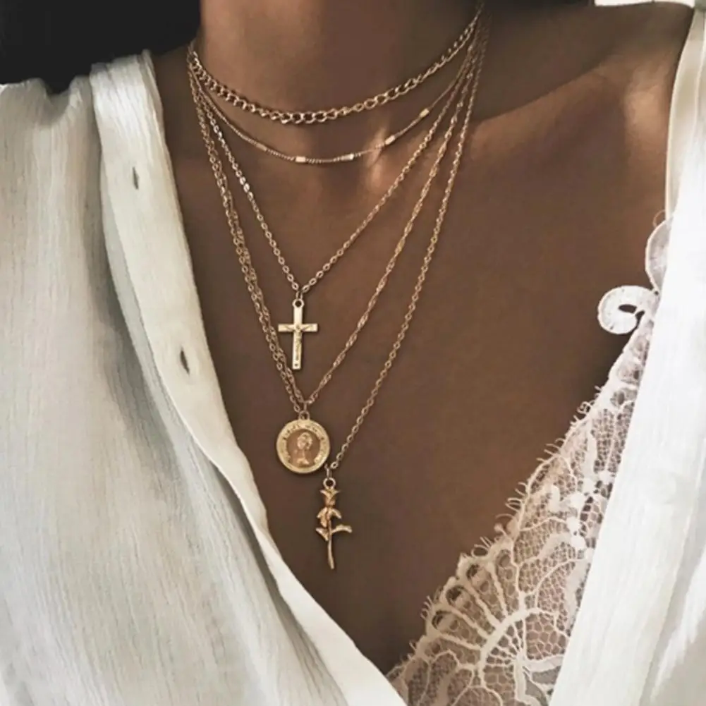 Vintage Women Necklace Cross Rose Flower Medal Coin Pendant Women Multi-layer Necklace Jewelry Woman's accesories
