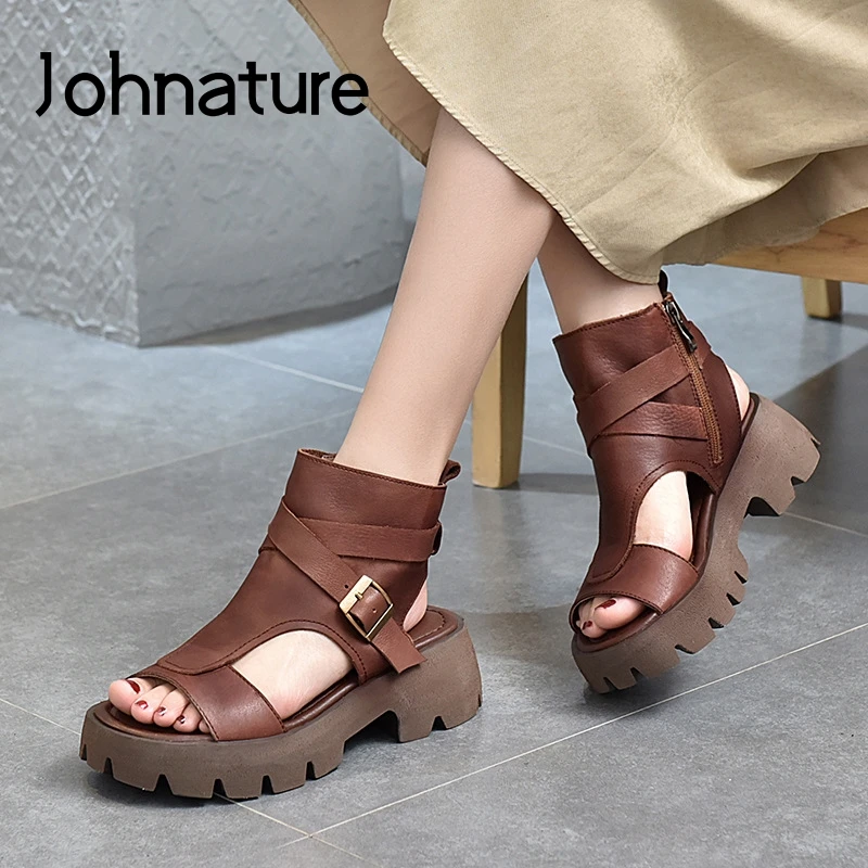 

Johnature Genuine Leather Shoes Women Sandals Summer Zip Retro 2022 New Handmade Wedges Sewing Concise Leisure Ladies Sandals