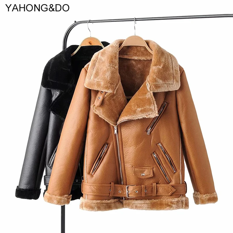 ZA женские Зимние Куртки из искусственной кожи 2019 Новая мода меховой воротник