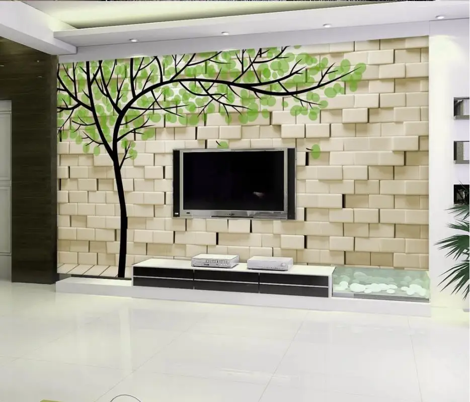Fresh green wallpapers hand painted big tree brick wall 3D tv background beautiful scenery | Обустройство дома