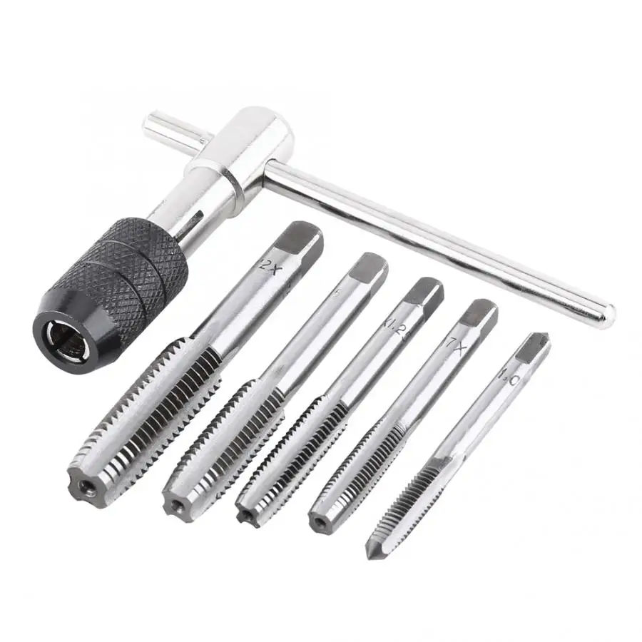 

5PCS Taps + 1PC Tap Wrench Screw Tap T-shaped Wrench Kit Bearing Steel Threading Tapping Hand Tool Set Tap
