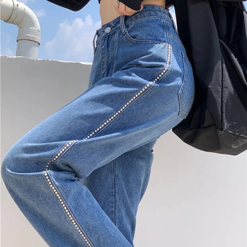 

Женские джинсы с высокой талией, прямые винтажные брюки до щиколотки из денима с бусинами, весна-осень 2021