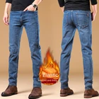 Мужские зимние джинсы с флисовой подкладкой, синие и черные утепленные облегающие Стрейчевые брюки из денима в повседневном и деловом стиле, 2021