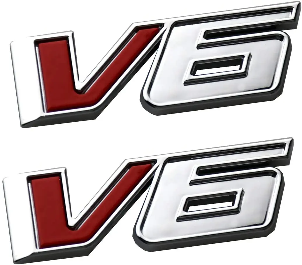 

2pcs V6 Emblems 3D Decal Car Nameplate Sticker Badge (Chrome/Red)