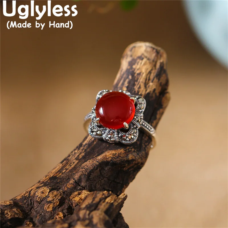 

Uglyless Vintage Marcasite Thai Silver Square Rings for Women Natural Gemstones Agate Jewelry 925 Sterling Silver Retro Jewelry