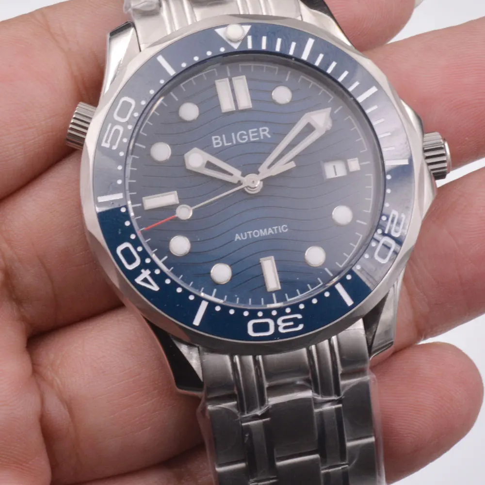 Мужские часы с синим циферблатом Bliger модные повседневные механические