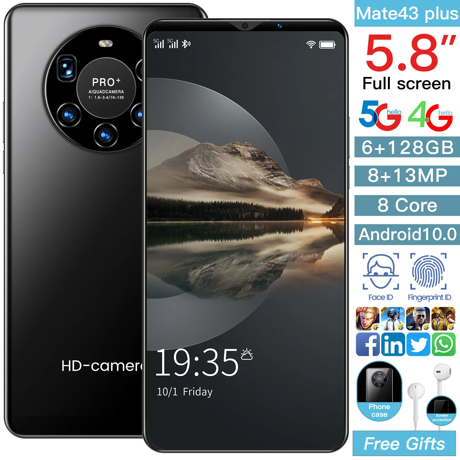 

New Arrival 2021 Mate43 Plus 5.8 Inch Dual SIM Face ID 8 Core MTK6763 4800mAh Smartphone Global 6+128GB Andriod 10 Mobile Phone