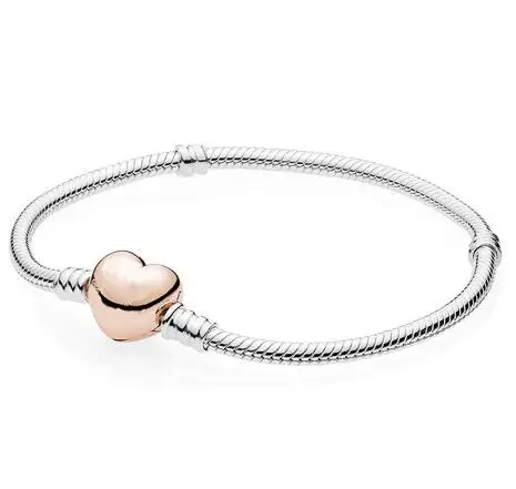 

925 Sterling Silver pan Bracelet Rose Love Heart Clasp Snake Chain Bangle Fit Women Bead Charm Diy Fashion Jewelry