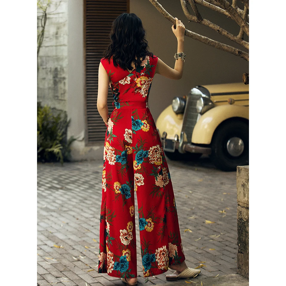 Цветочный комбинезон с широкими штанинами лето 2019 длинные брюки пляжный костюм