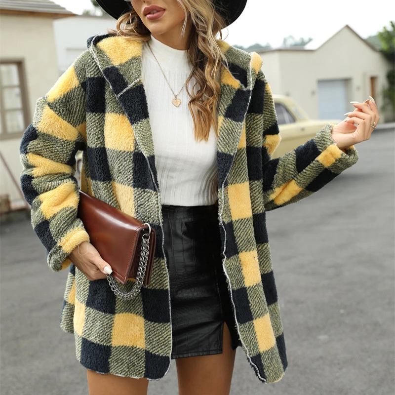 

Warm Winter Khaki Outwear Women Plaid Blends Coats Hooded Loose Lady Jackets Knit Wools Blends Casual Autumn 2021 Fashion G3224