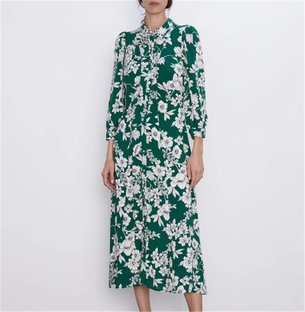 Новинка 2019 года платье в стиле ретро с цветочным узором зеленое Повседневное