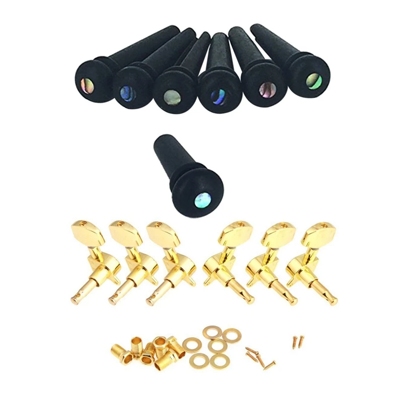 

Ebony Guitar Bridge Pins,Ebony End Pin,Endpin (Black) & Gold Guitar String Tuning Pegs Tuners Machine Heads 3L+3R New
