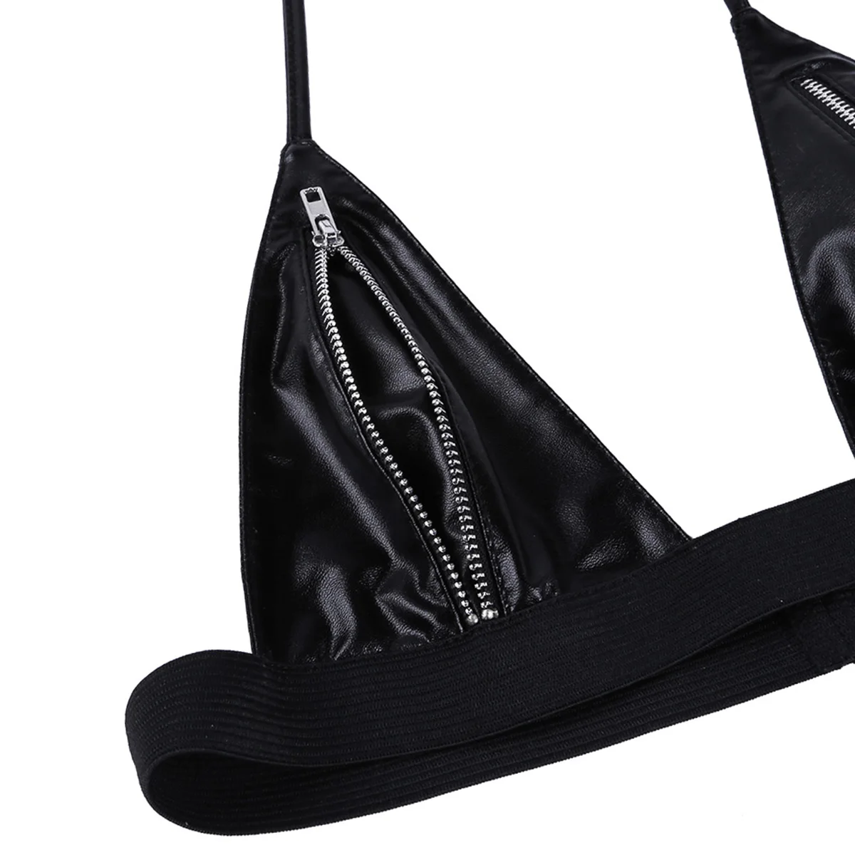 

iiniim Women Femme Lingerie Sexy Night Parties Clubwear Faux Leather Zipper Closure Bra Top with String Homme Underwear