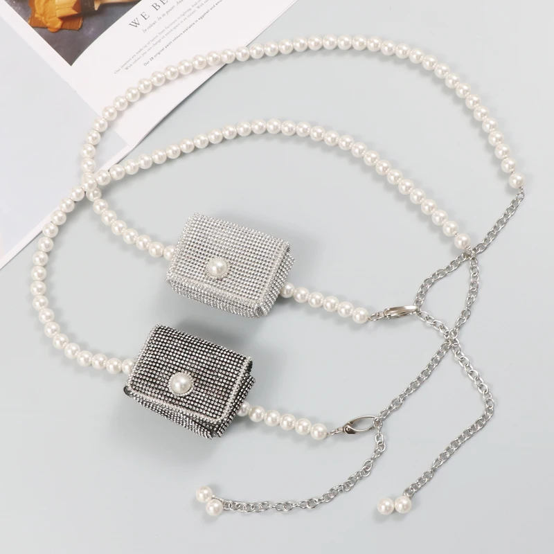 

European Bling Mini Waist Packs Black White Rhinestone Pearl Waist Chain Belt With Coin Bag Women Luxury Chain Crystal Chest Bag