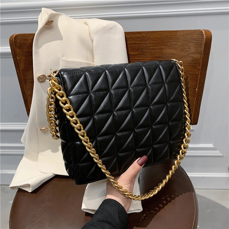 

Unique Design Box Quilted PU Leather Thick Chain Shoulder Crossbody Bags For Women Famous Brand High Quality Small Phone Purses