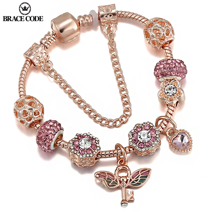

2022 Foreign Trade New Style Pink Rose Gold Charm Women Bracelet, Wing key & Crystal Pendant Men's Women's Children's Bracelets