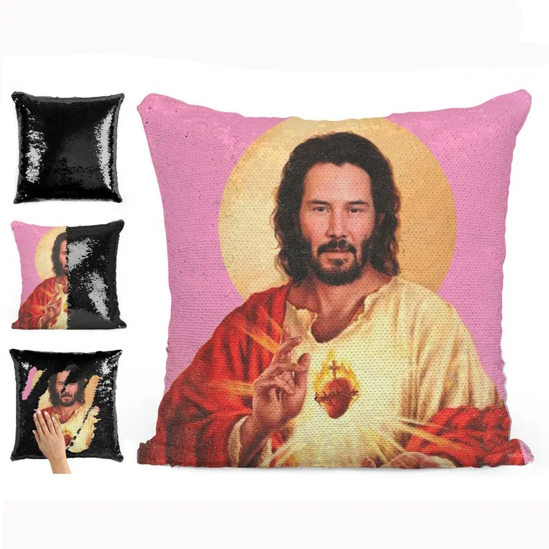 

Soft Cushion Cover with Sequins Saint Keanu Reeves Super Shining Reversible Color Changing Pillow Case Home Car Decoraion