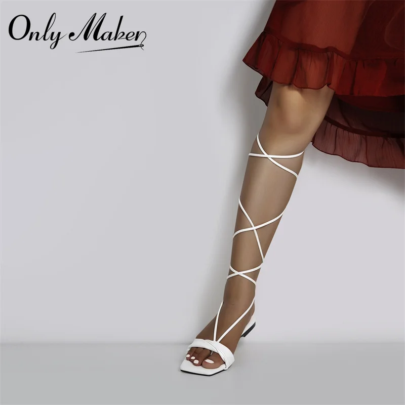 

Onlymaker Summer Women's Flats Sandals Square Toe Beach Matte White Cross Strap Lace-Up Flip Flops Pleated Comfortable Wedding
