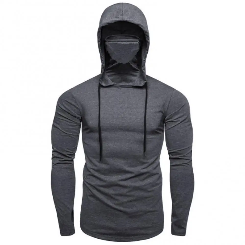 60%HOTMen's Autumn Leisure Gym Thin Long Sleeve Hoodie Face Mask Pure Color Sweatshirt Men's Top