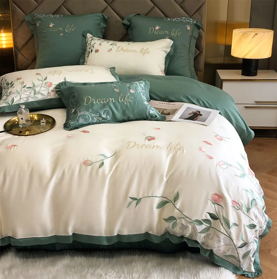 comprar Flor Pastoral Verde Jogo De Cama, Europeu Americano Rústico Floral Completa Rainha Rei Casa Têxtil Folha Fronha Colcha Capa