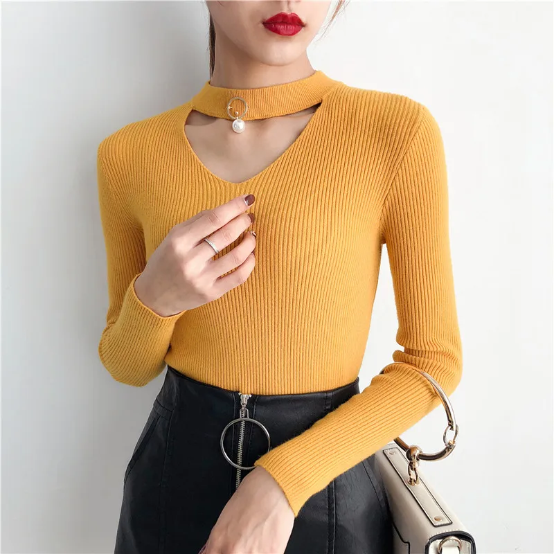 

Sexy V-Neck Pullovers Korean Long Sleeve Slim Sweaters for Women Soft Pull Femme Basic High Elastic Knitted Sweater Woman 16640