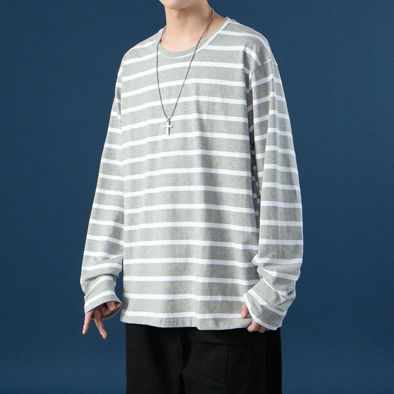 Новинка Осень 2021 свободная полосатая Мужская футболка с длинным рукавом тонкая