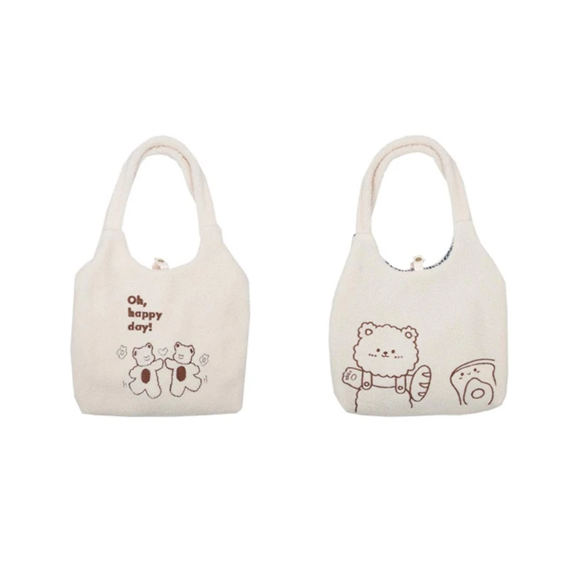 

066F Cute Bear Embroidered Lamb Wool Shoulder Bag Large Capacity Women Tote Bag