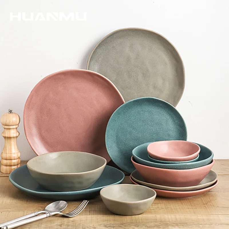 

Modern Ceramic Steak Plates Stoneware Tableware Home Retro Dinner Plate Soup Noodle Salad Bowl Dish Plate Combination тарелки