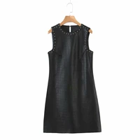 2021 new ladies spring sleeveless solid pu dress women o neck normcore embroidered flares a line tank above knee mini dresses