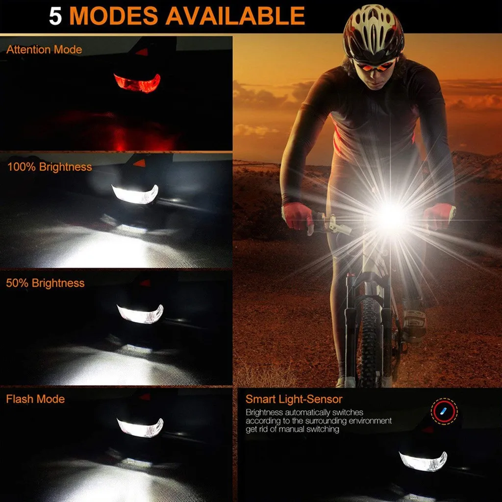 

LED bicycle light set waterproof light 5 modes auto dimming USB rechargeable bicycle light cycling bicycle accessories