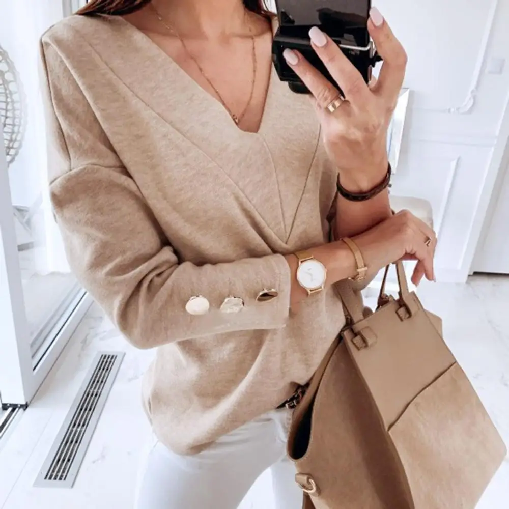 2019 Женский пуловер блузка зимняя модная с длинным рукавом и V-образным вырезом