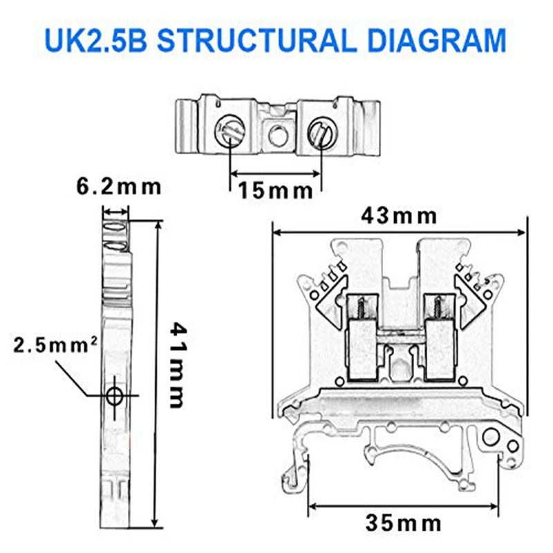 Uk2.5N Gr din рейка Клеммная колодка винтовой зажим 600V 20A 24 12Awg упаковка из
