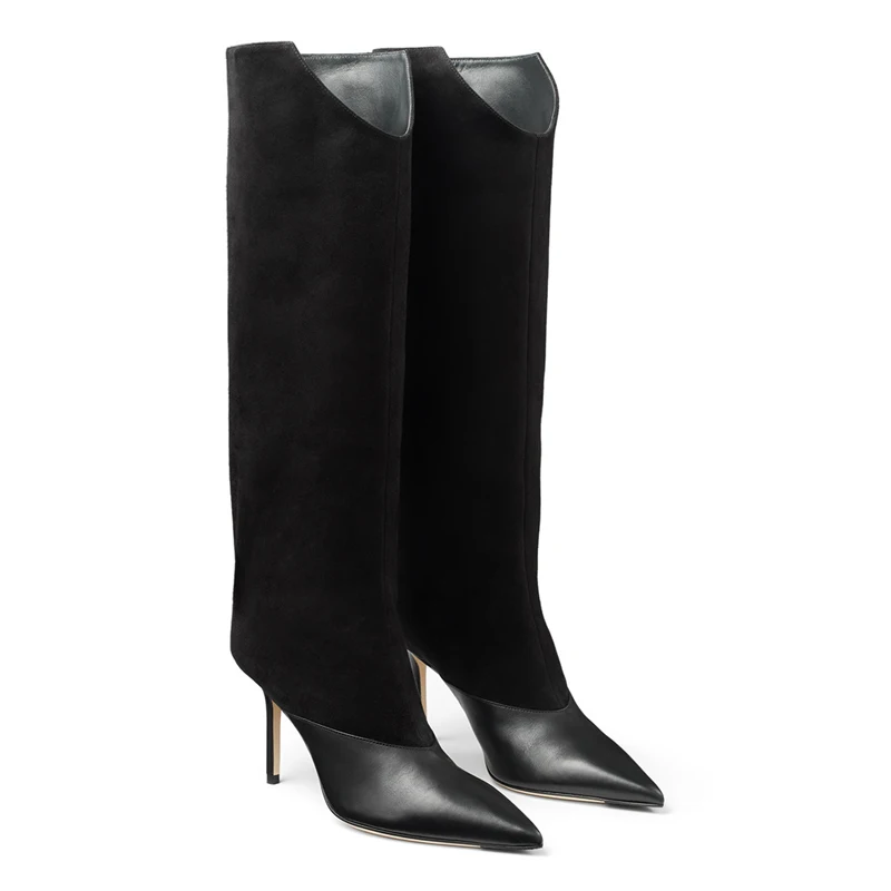 Элегантные серые сапоги с широкими штанинами привлекательные офисные до колена