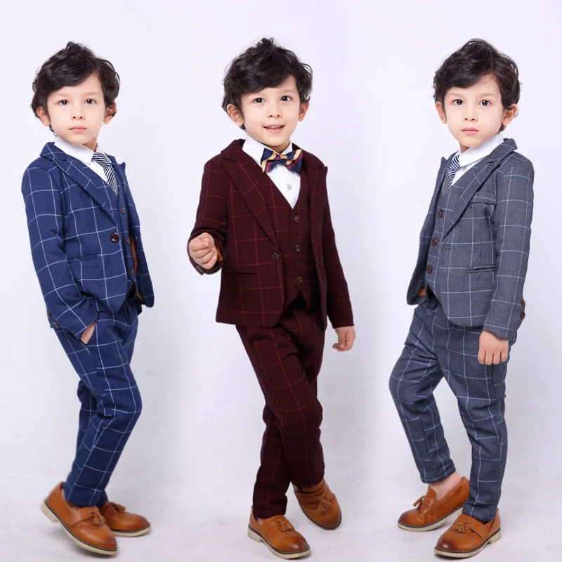

Top Quality Boys Plaid Jacket Vest Pants Bowtie 3Pcs Clothing Set Gentleman Kids Wedding Suit Children Performance Dress