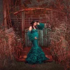 Длинные платья для беременных Demure, тюлевые платья с широкими рукавами-фонариками и оборками, для фотосессии, изумрудная зеленая Русалка