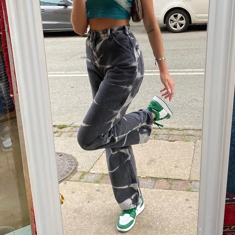 

Brown Gray Tie Dye Print Harajuku Jeans Women Casual Skinny High Waist Pants Ladies Streetwear Denim Trousers Hip Hop