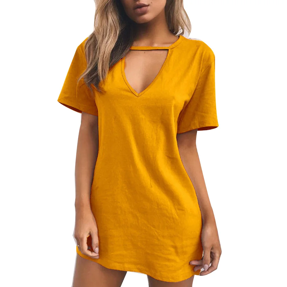 Женское однотонное платье-футболка с V-образным вырезом и коротким рукавом из