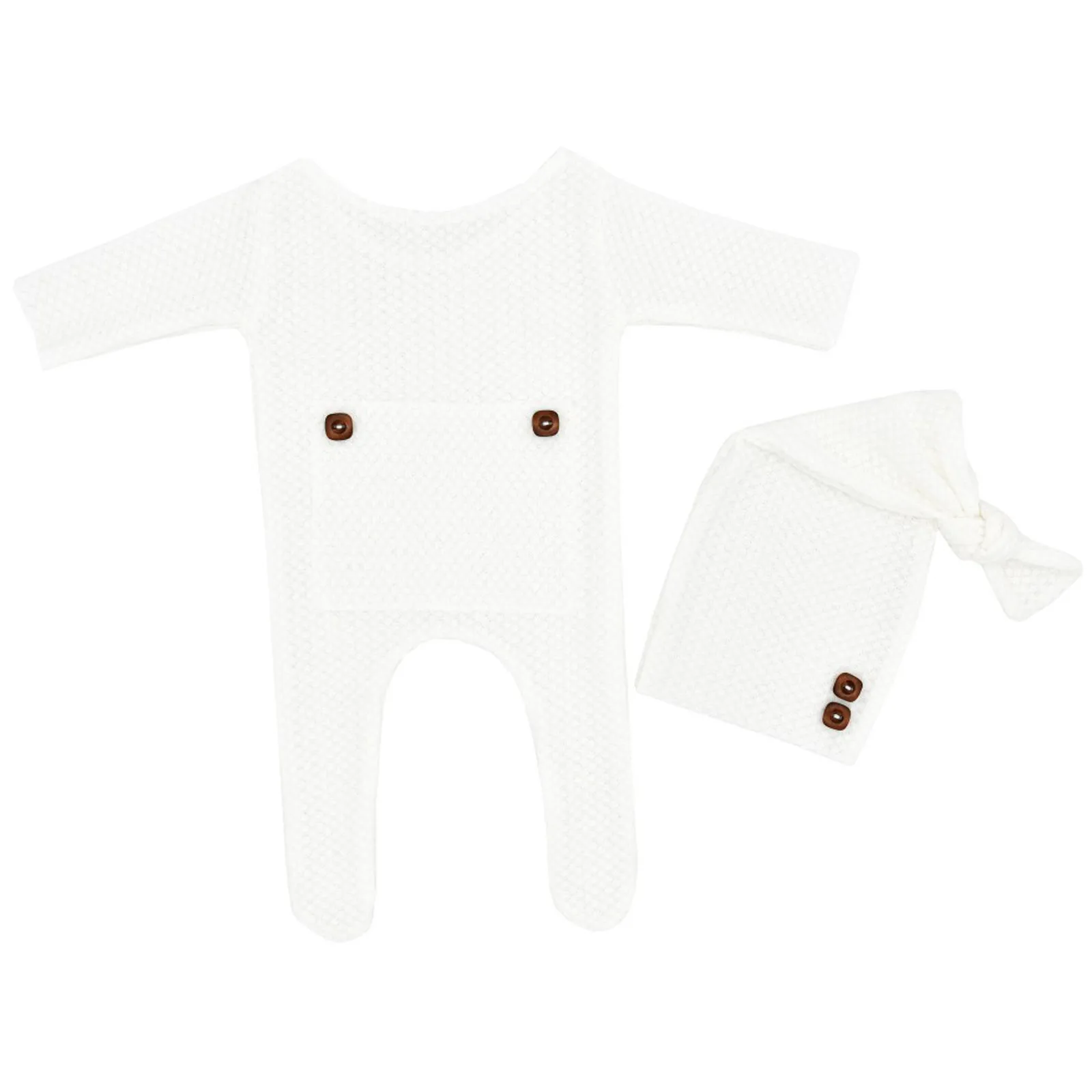 

Newborn Baby Photography Prop Footed Romper Button Overalls Hat Set Solid Color Cotton Big Pocket Long Sleeve Romper Hat Suit#