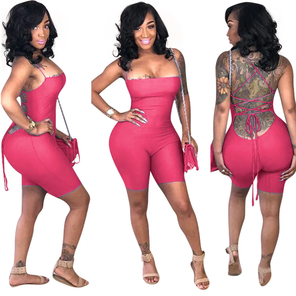 

2020 New Summer Women's Sexy Spaghetti Strap Backless Bodycon Short Jumpsuit Cami Romper
