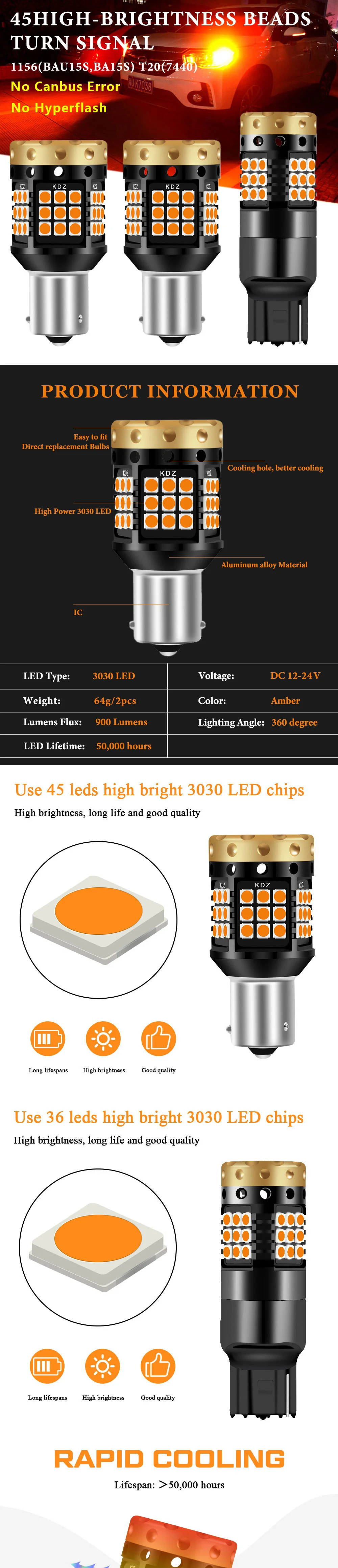 2 шт. CANBUS BAU15S PY21W BA15S P21W led 7440 W21W 3030 led 36-45 smd Автомобильная резервная лампа сигнал поворота drl свет без ошибок Янтарный 12-24 В