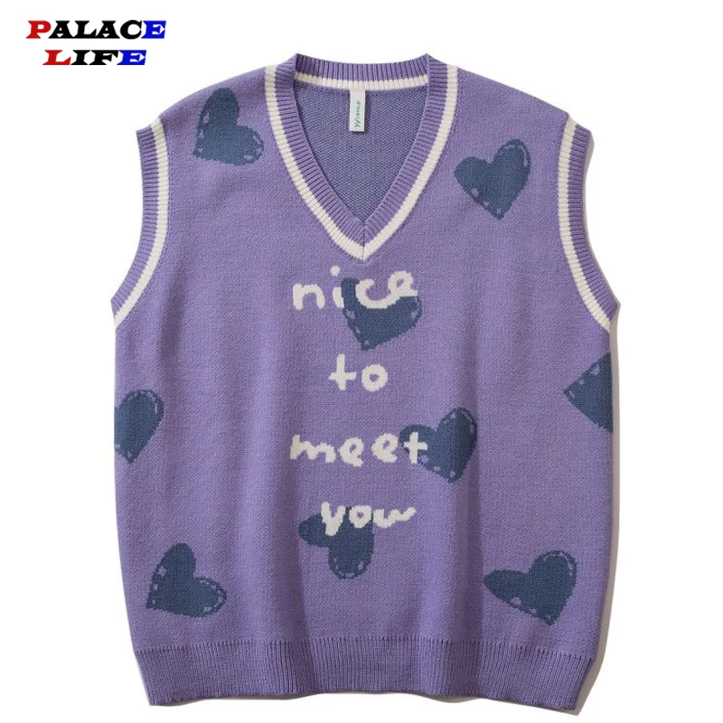 

2021 New Mens Sleeveless Sweater Vest Heart Letter Print Vintage Knitted Woman Loose Pullover V-neck Casual Couple Vest Sweaters