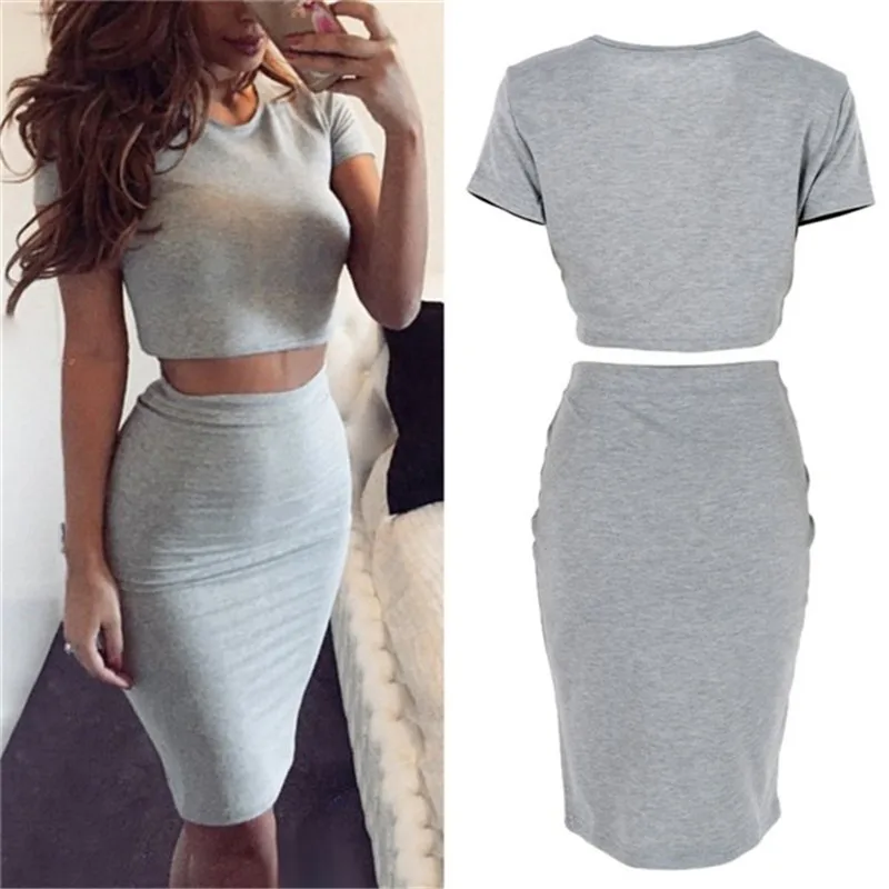 

Summer Short Sleeve Top Women's Club Skirt Two Piece Outfits Midi Skirts Sexy Party Bodycon Vestidos
