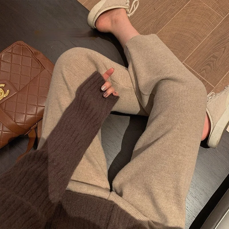 

Autumn Winter Loose Elastic Waist Women Straight Leg Knitted Pant 2022 Ladies Warm Casual Sweater Trouser Long Pants Y120